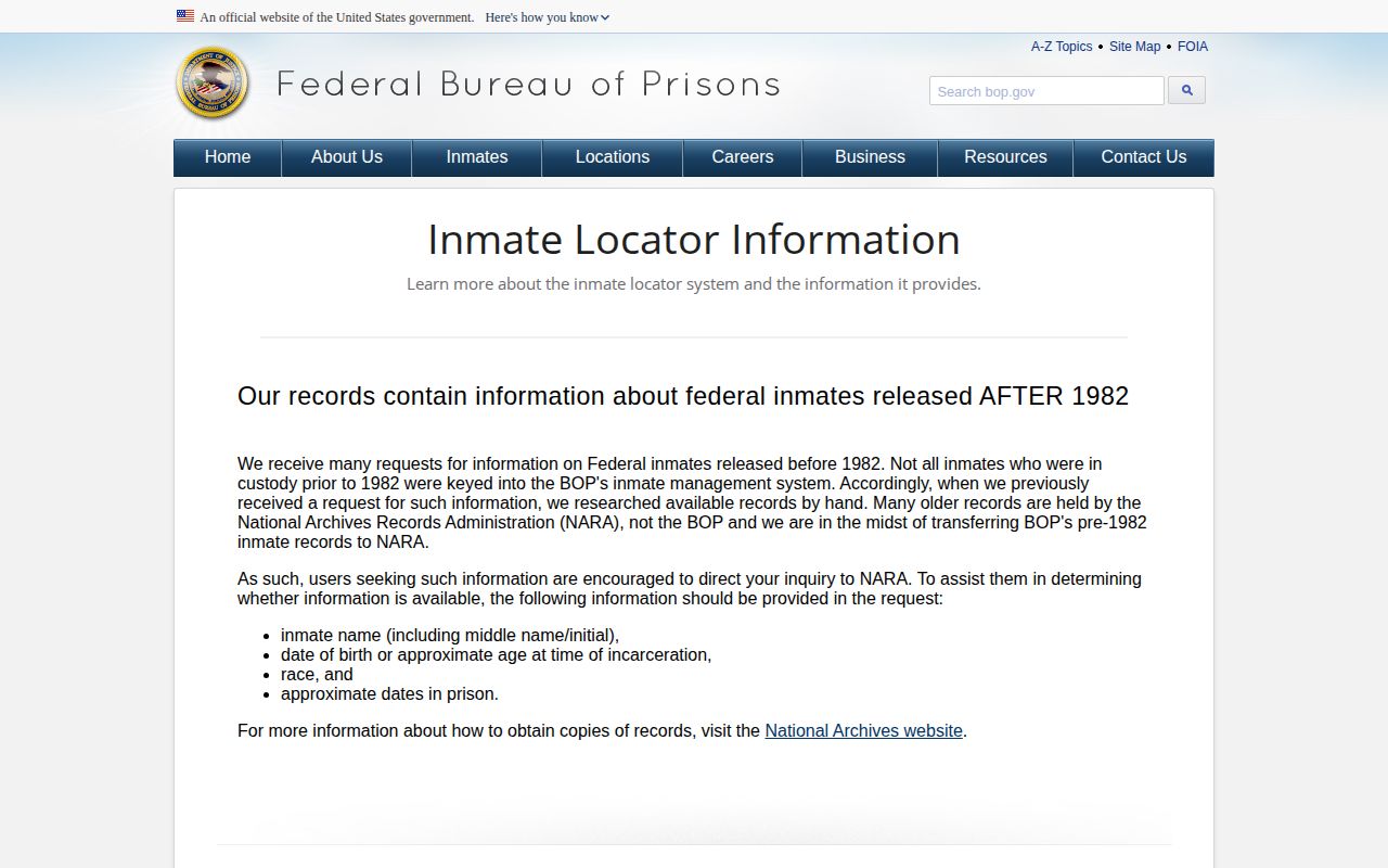 Federal BOP release record fields for an Owsley County custody search