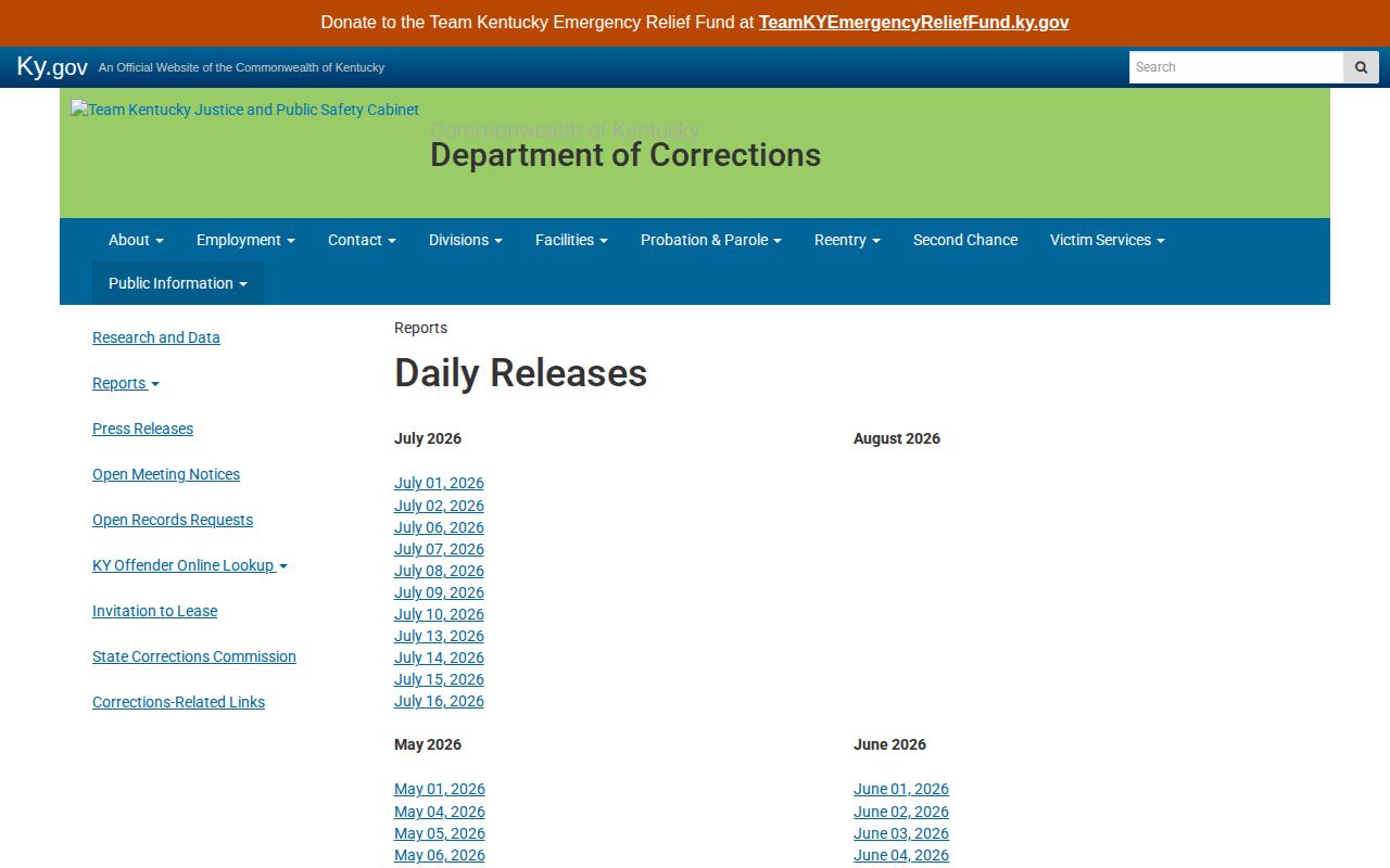 Kentucky DOC Daily Releases archive for Owsley County released inmates